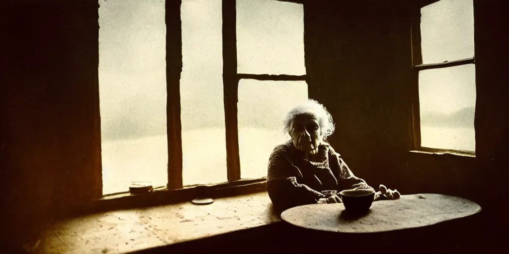 Image similar to portrait bust of old woman sitting at table, looking outside, tired expression, faded color film, russian cinema, tarkovsky, kodachrome, inside old cabin, next to window, heavy forest outside, long brown hair, old clothing, heavy fog, brown color palette, sunset, low light, hudson river school, 4 k, dramatic lighting, greg rutkowski