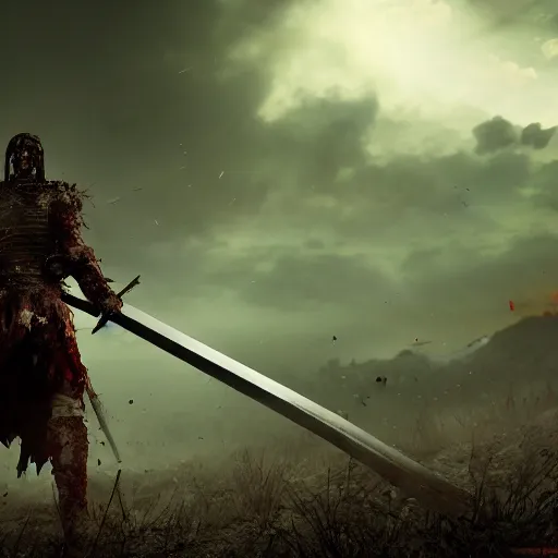 Image similar to the last swordsman stands alone with many corpses behind him on the bloody and destroyed battlefield, beautiful texture, beautiful graphics, fantasy artwork, very deadly scenery, hd, hdr, ue 5, ue 6, unreal engine 5, cinematic 4 k wallpaper, 8 k, ultra detailed