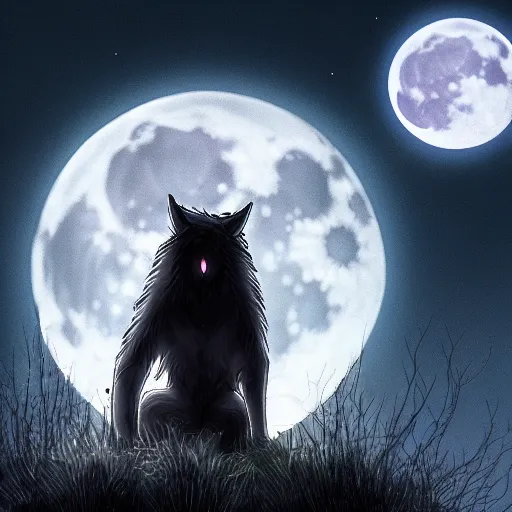 Image similar to male werewolf at night with black realistic fur, under the moon, ultra detail, anime style, 8 k