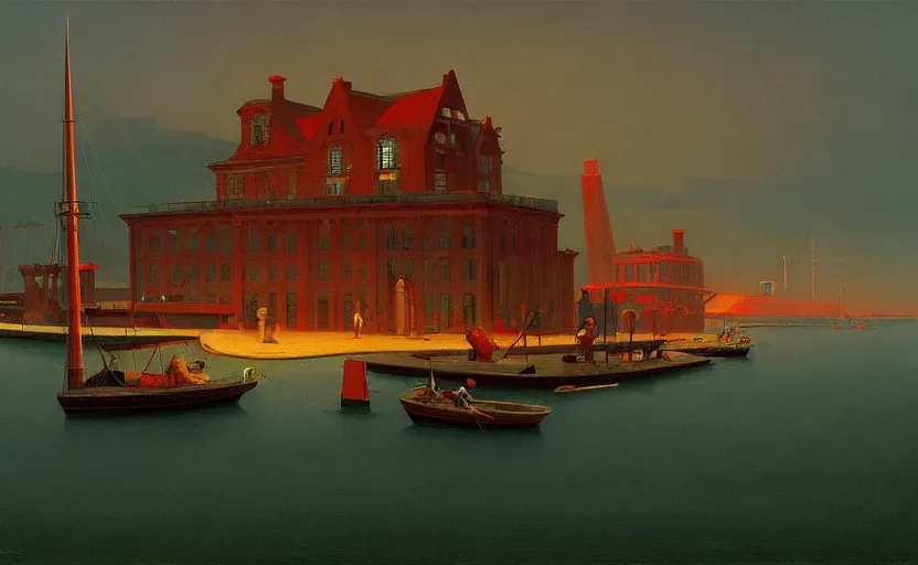 Image similar to Old victorian harbour at dusk, very coherent, painted by Edward Hopper, Wayne Barlowe, painted by James Gilleard, airbrush, art by JamesJean