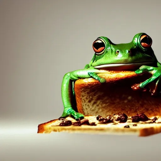 Image similar to hyperrealistic film still of a cute frog eating toast stunning 3 d render, inspired by istvan sandorfi & greg rutkowski & unreal engine, perfect facial symmetry, dim volumetric cinematic lighting, 8 k octane comprehensive render, extremely hyper - detailed, incredibly lifelike attributes, intricate, real flesh texture, masterpiece, artstation, stunning,