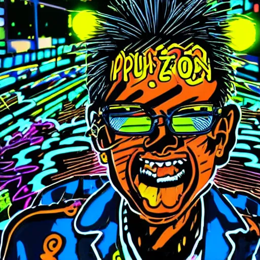 Image similar to pop art of a punk at a japanese metal concert in a cyberpunk world, bright neon colors, intricate details, complementary colors, detailed face, backlighting, octane render, depth of field, extremely detailed, trending in artstation, focus on face, sharp focus, radiant light, beautiful composition, drawn by roy lichtenstein, keith haring, romero britto