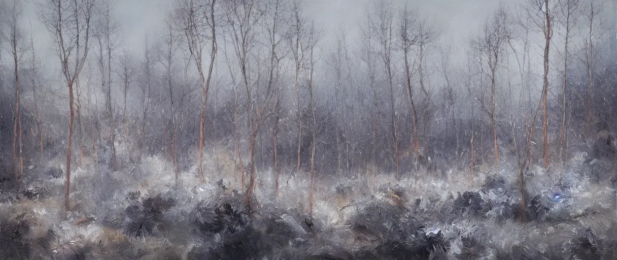 Image similar to the severe wind roars through an abstract forest in winter, cold lighting, oil painting, by Zhao Wuji