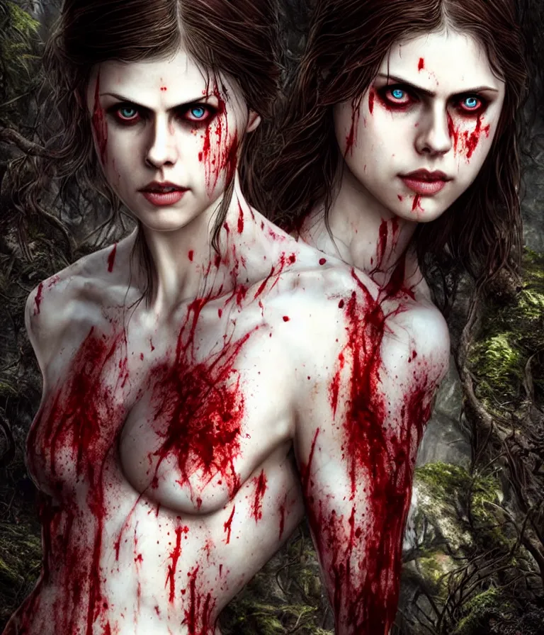 Image similar to photo of a gorgeous nordic female, covered in blood, in dark forest, alexandra daddario face!, realistic, sharp focus, hdr, 8 k, high definition, insanely detailed, intricate, elegant, art by stanley lau and artgerm, luis royo, greg kutkowski