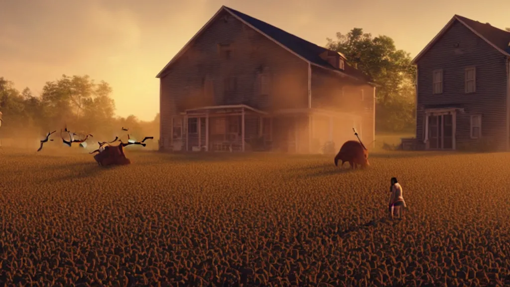 Prompt: giant insects terrorize a farm house, film still from the movie directed by Denis Villeneuve, golden hour