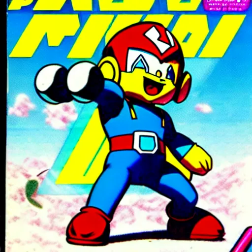 Prompt: nintendo power magazine cover from the 1 9 9 0 s featuring megaman as pikachu