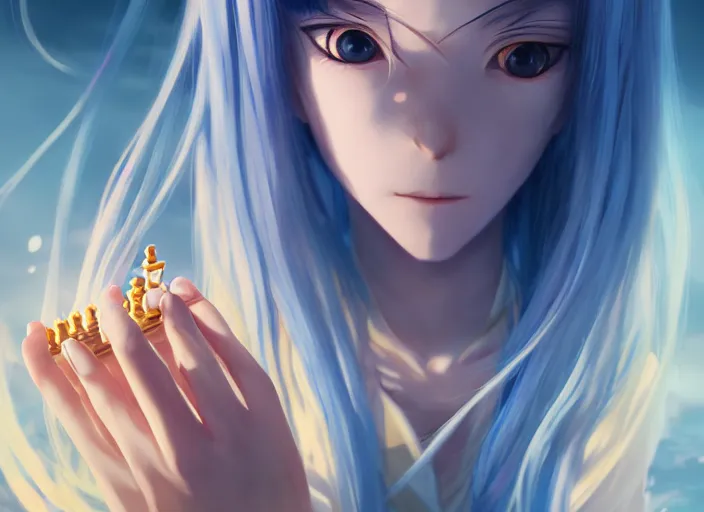 Prompt: rimuru playing chess, with gold eyes, straight hair, sky blue hair, long bangs, high collar, concept art, award winning photography, digital painting, cinematic, by wlop, anime key visual, wlop, 8 k, by ross tran, tom bagshaw, andy warhol