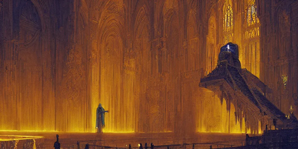 Image similar to a medieval king sitting on a golden throne led by stairs leaning on a shiny sword in a palace, illuminated by glowing light behind the throne, beksinski and syd mead cinematic colorful painting