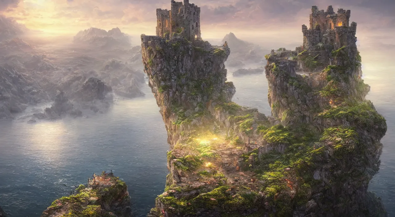 Prompt: hyper realistic detailed matte painting of castle ruins on a rocky steep cliff, calm sea in the background, sunset lighting, hyperdetailed unreal engine 8 k ultra hd, stanley artgerm lau, rossdraws, james jean marc simonetti ruan jia and mandy jurgens and artgerm and william illustration, digital art, concept art