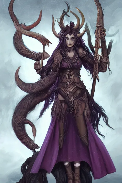 Image similar to Tiefling Druid with horns, light leather armor, nature, tree staff, long horns ,demon tail light-brown skin, dark purple hair, and silver eyes full body, dungeons and dragons portrait, highly detailed, digital painting, artstation, concept art, sharp focus, illustration, art by artgerm and greg rutkowski and alphonse mucha
