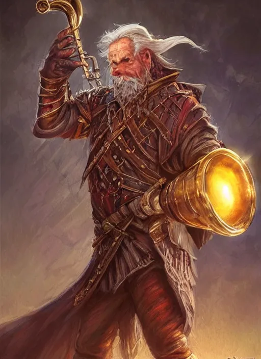 Image similar to bard playing trumpet, ultra detailed fantasy, dndbeyond, bright, colourful, realistic, dnd character portrait, full body, pathfinder, pinterest, art by ralph horsley, dnd, rpg, lotr game design fanart by concept art, behance hd, artstation, deviantart, hdr render in unreal engine 5