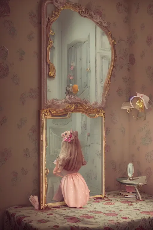 Prompt: portrait of a retro girl's room 1 9 5 0 s, depth of field, zeiss lens, detailed, symmetrical, centered, fashion shoot, by nicoletta ceccoli, mark ryden, lostfish, stunning, 8 k resolution, extremely detailed, beautiful, establishing shot, artistic, hyperrealistic, octane render