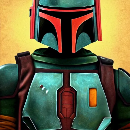 Image similar to portrait of boba fett from star wars, highly detailed, centered, solid color background, digital painting