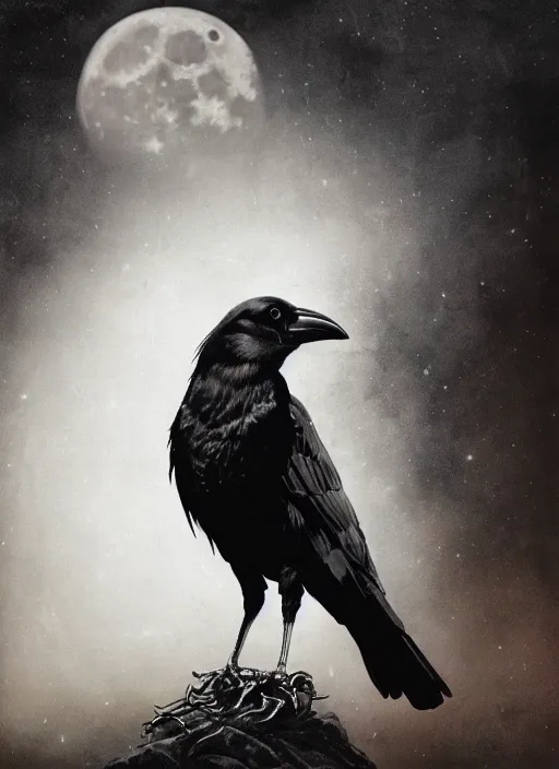 Image similar to portrait, A crow in front of the full big moon, book cover, red white and black colors, establishing shot, extremly high detail, foto realistic, cinematic lighting, pen and ink, intricate line drawings, by Yoshitaka Amano, Ruan Jia, Kentaro Miura, Artgerm, post processed, concept art, artstation, matte painting, style by eddie mendoza, raphael lacoste, alex ross