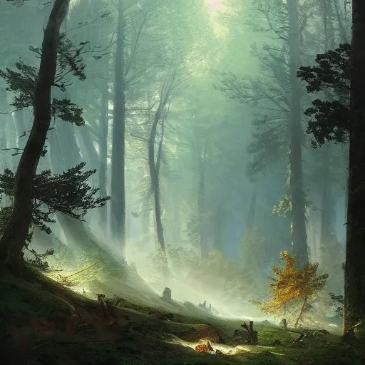 Image similar to a beautiful painting of a forest by ivan aivazovsky and sin jong hun and greg rutkowski. in style of concept art. 8 k texture. sharp lines, hyper detailed. octane render. trending on artstation