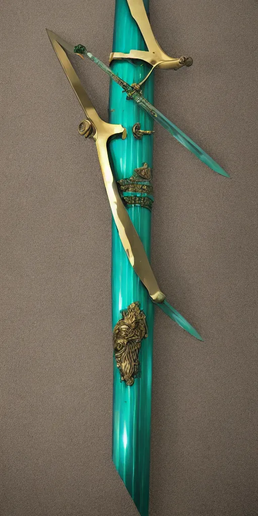 Image similar to photograph of a wide green and teal crystal sword blade attached to a big gold sword hilt