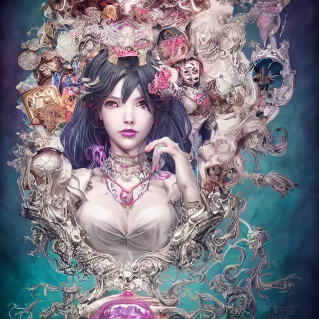 Image similar to the portrait of chaotic evil female necromancer mastermind as absurdly beautiful, gorgeous, elegant, cute young idol, an ultrafine hyperdetailed illustration by kim jung gi, irakli nadar, intricate linework, bright colors, octopath traveler, final fantasy, unreal engine 5 highly rendered, global illumination, radiant light, detailed and intricate environment