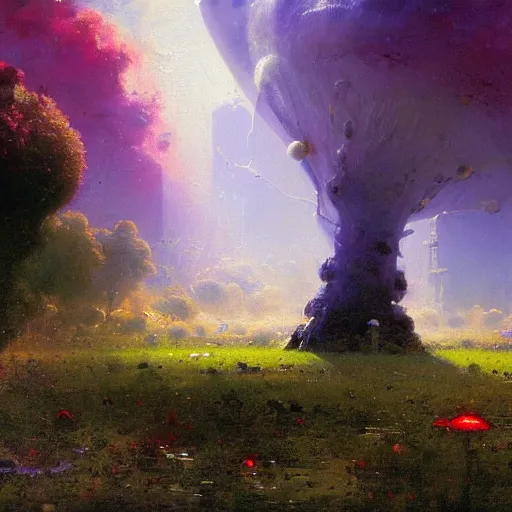 Image similar to a lovely picture of a mycelium alien by john berkey, by george inness, by john harris, purple and red and white gradient colour theme, trending on deviantart, rendered in blender, 8 k resolution
