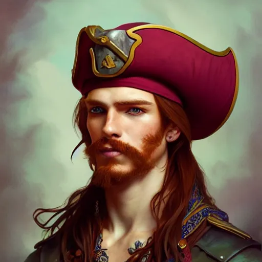 Image similar to portrait of a young pirate captain, male, masculine, handsome, upper body, red hair, long hair, cheerful, D&D, fantasy, intricate, elegant, highly detailed, digital painting, artstation, concept art, sensual, matte, sharp focus, illustration, art by Artgerm and Greg Rutkowski and Alphonse Mucha