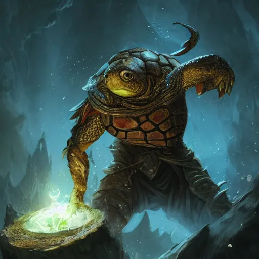 Image similar to Anthropomorphized Turtle casting epic spell, magic the gathering artwork, D&D, fantasy, cinematic lighting, centered, symmetrical, highly detailed, digital painting, artstation, concept art, smooth, sharp focus, illustration, volumetric lighting, epic Composition, 8k, art by Akihiko Yoshida and Greg Rutkowski and Craig Mullins, heroic pose, oil painting, cgsociety, magic lab background