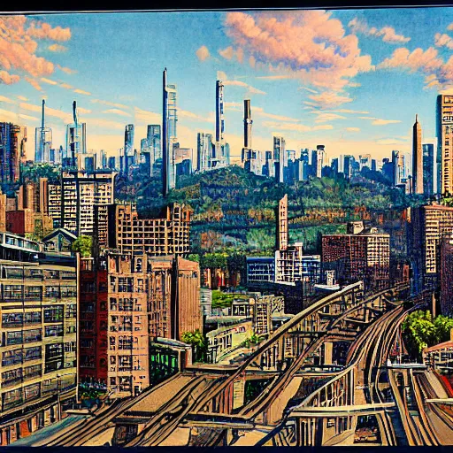 Image similar to placid carboniferous by john philip falter. a installation art of a cityscape. the installation art shows a view from an elevated train line of the city below.