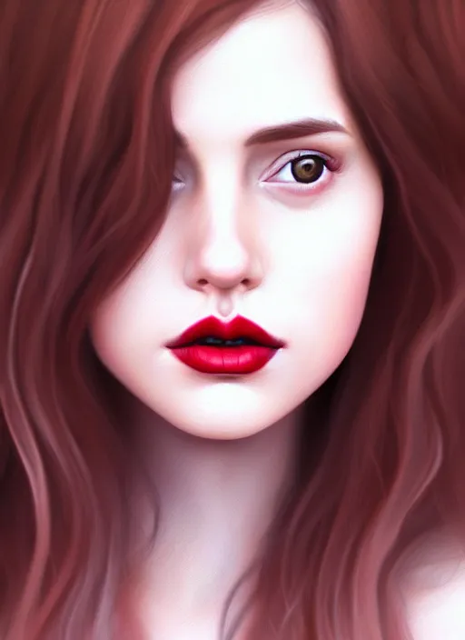 Image similar to highly detailed portrait of a young white woman with brown hair and scarlet lips, photographic realistic background, by tokenin, by glitchedpuppet, gradient pink, black, cream, brown and white color scheme, trending in artstation, award winning details