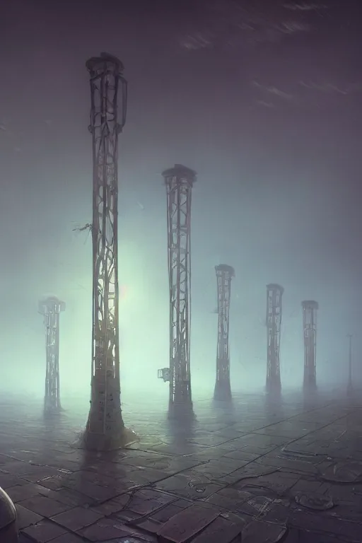 Image similar to a highly detailed matte painting of a soviet steampunk pylons in fog at night by studio ghibli, makoto shinkai, by artgerm, by wlop, by greg rutkowski, volumetric lighting, octane render, 4 k resolution, trending on artstation, masterpiece