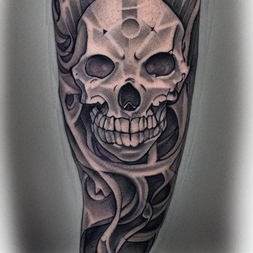 Image similar to ghost tattoo design, hyper realstic, on arm, low detailed, light colors