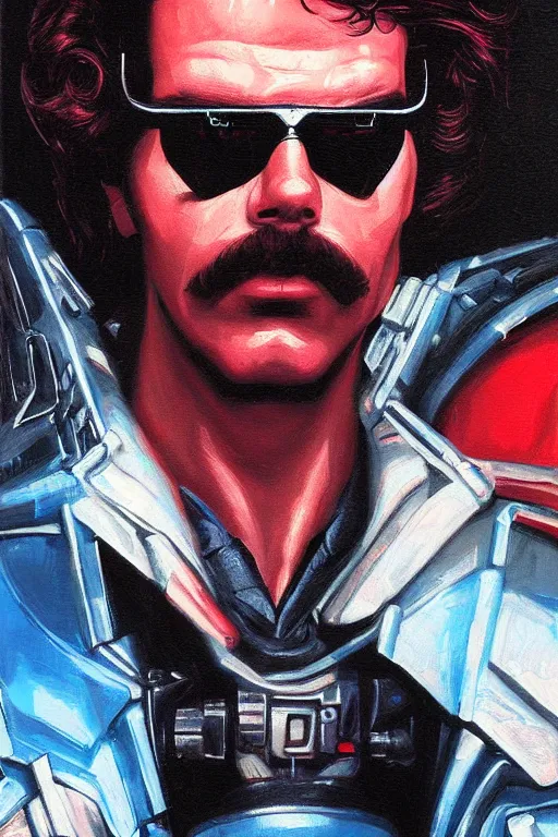 Prompt: 1 9 8 0 s cyberpunk retro synth style sci - fi painting portrait of drdisrespect, digital art, artstation, cgsociety