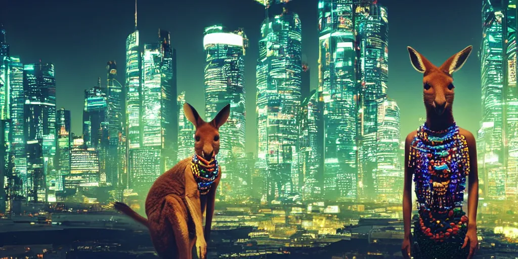 Image similar to a kangaroo wearing a beaded necklace, cyberpunk settings, cityscape, style of artgerm, at night