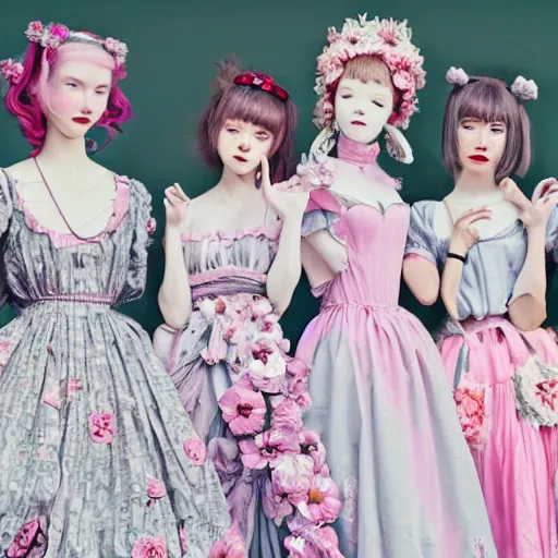 Prompt: renaissance, realistic, group of creepy young ladies pink cheeks wearing renaissance harajuku manga dress pale grey and white flowers, background chaotic flowers