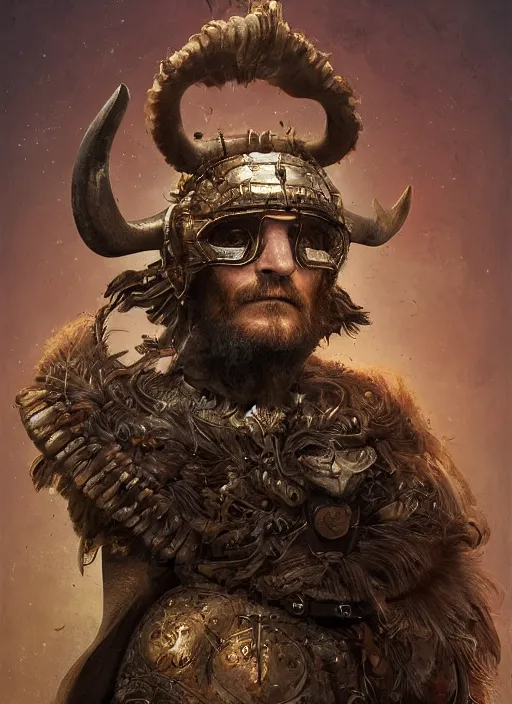 Image similar to digital painting of joaquin phoenix with an armor made of animals, cow horns, pig nose, sheep wool, chicken feather armor, majestic, by anna podedworna and miklos ligeti, diego maricato, taran fiddler, antonino truisi, chris reddie, jinsung lim, trending on artstation