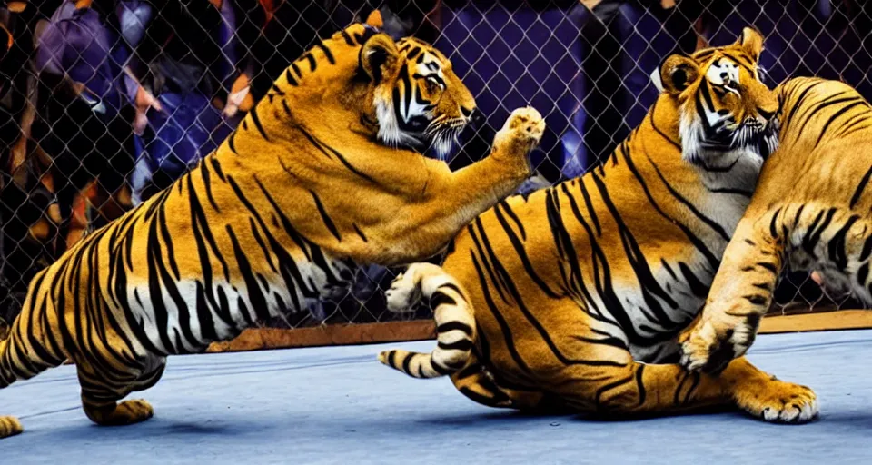 Prompt: a tiger and a lion boxing each other in the ring.