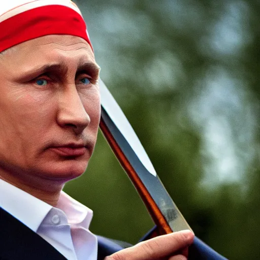 Image similar to photo of vladimir putin wearing a bandana and holding a sword, depth of field