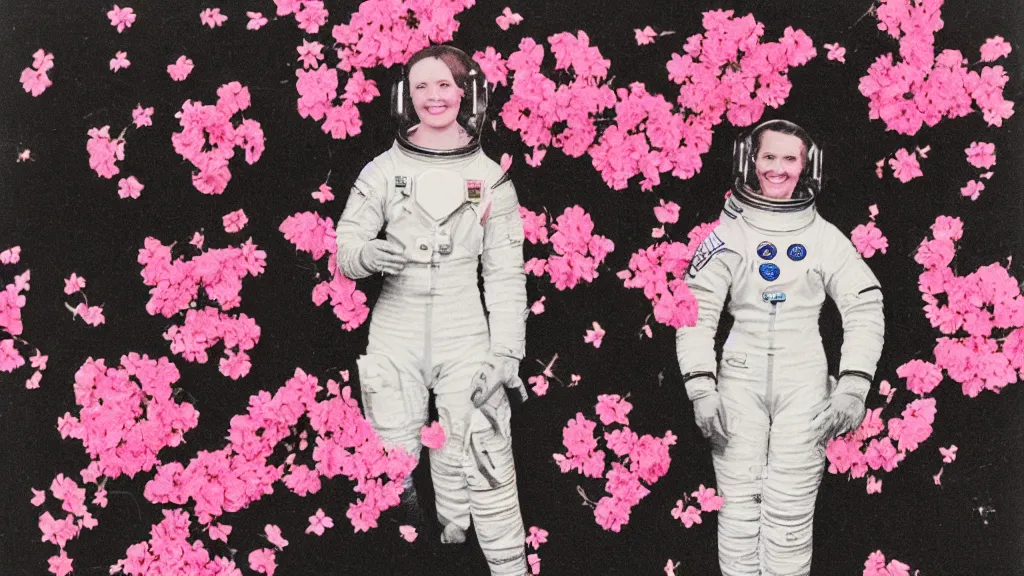 Image similar to a vintage photograph of a female astronaut standing on a bed of black and pink flowers, photorealistic, + muted colors