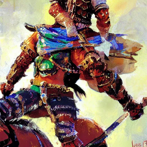 Prompt: mel gibson as rider with couched jousting lance, colorful caparisons, chainmail, detailed by greg manchess, craig mullins, bernie fuchs, walter everett