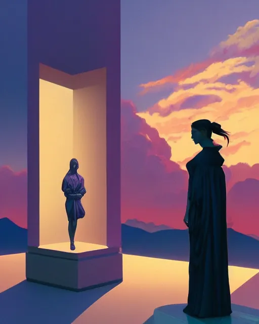 Image similar to a painting of a woman standing in front of a statue, a screenshot by stanley twardowicz, cgsociety, aestheticism, aesthetic, vaporwave, anime aesthetic