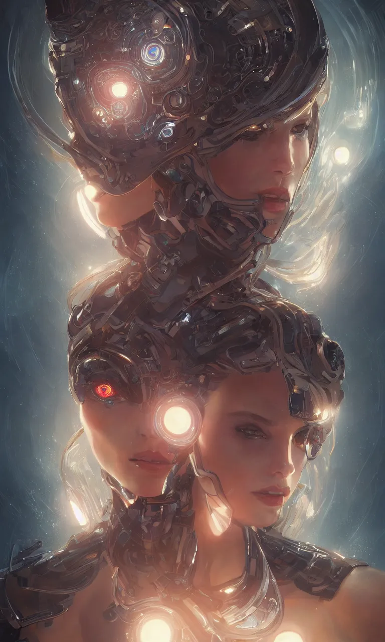 Prompt: beautiful portrait of a cyber woman with glowing eyes, intricate, elegant, highly detailed, digital painting, artstation, concept art, smooth, sharp focus, illustration, art by artgerm and greg rutkowski and alphonse mucha
