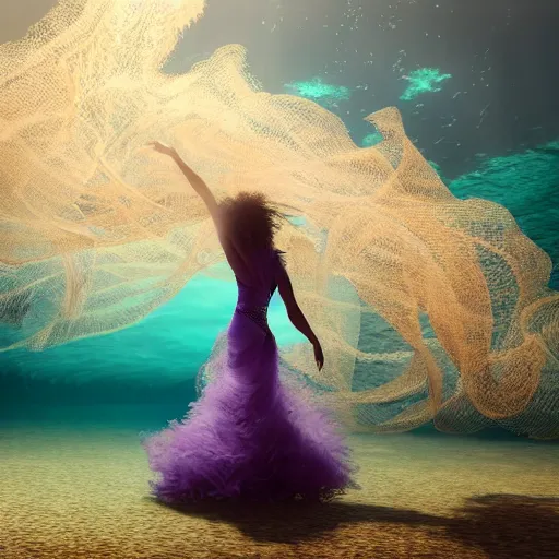 Prompt: woman dancing underwater wearing a flowing dress made of many translucent layers of silver and gold lace seaweed, streaks of yellow purple fish, delicate coral sea bottom, swirling silver fish, swirling smoke shapes, unreal engine, caustics lighting from above, cinematic, hyperdetailed