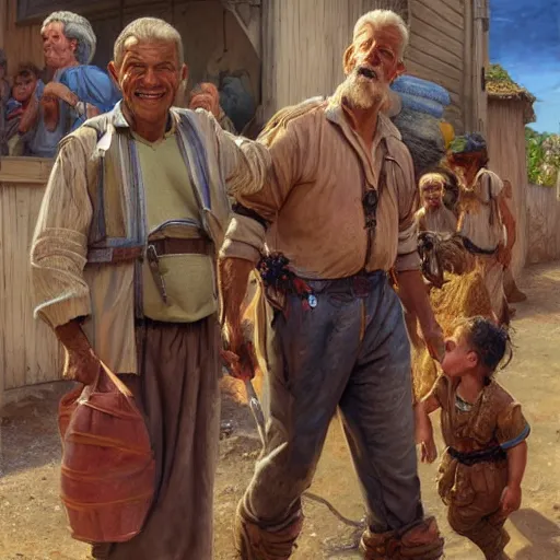 Image similar to an portrait of happy citizens living in an poor village, highly detailed, centered, digital painting, artstation, concept art, donato giancola, Joseph Christian Leyendecker, WLOP, Boris Vallejo, Breathtaking