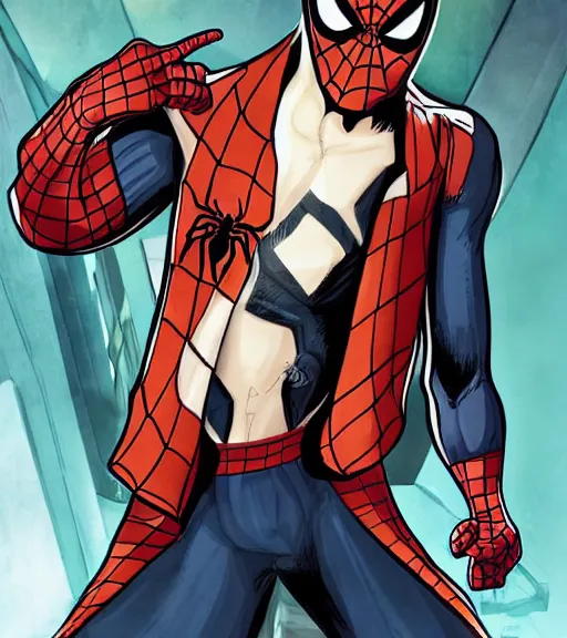 Image similar to very handsome peter parker with his spider suit around his waist, looking seductive, digital art