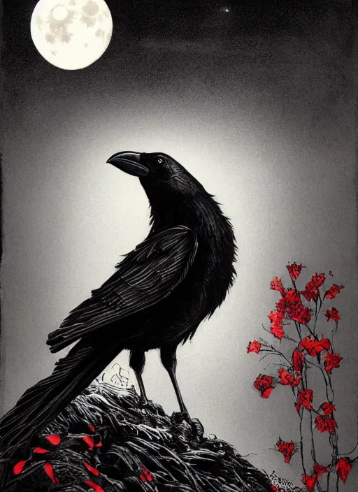 Image similar to portrait, A crow in front of the full big moon, book cover, red white and black colors, establishing shot, extremly high detail, foto realistic, cinematic lighting, pen and ink, intricate line drawings, by Yoshitaka Amano, Ruan Jia, Kentaro Miura, Artgerm, post processed, concept art, artstation, matte painting, style by eddie mendoza, raphael lacoste, alex ross