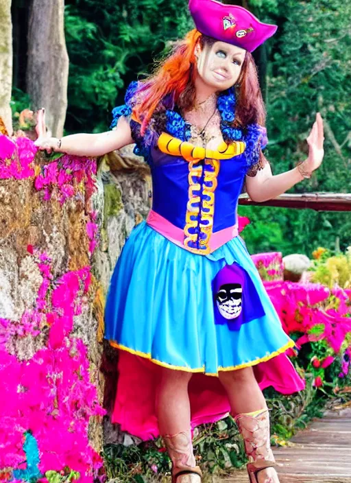 Image similar to a princess pirate in colorful clothing