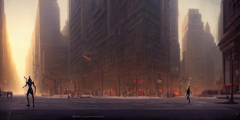 Prompt: an egyptian god walking the streets of new york, digital art, landscape, fantasy art, octane render, unreal engine, high detail, very realistic, by ross tran. by james gurney