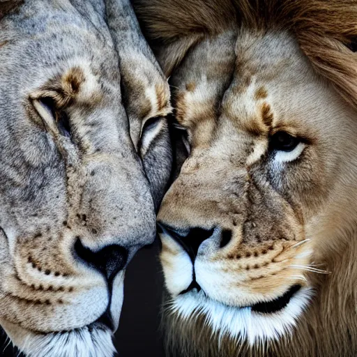 Image similar to a farmed photography of a lion kissing a lion male skull, detailed, 4k, fantasy