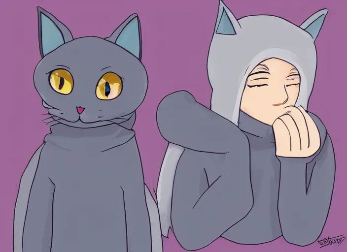 Image similar to Russian Blue catgirl wearing a thick sweater to protect herself from harsh Russian winter.