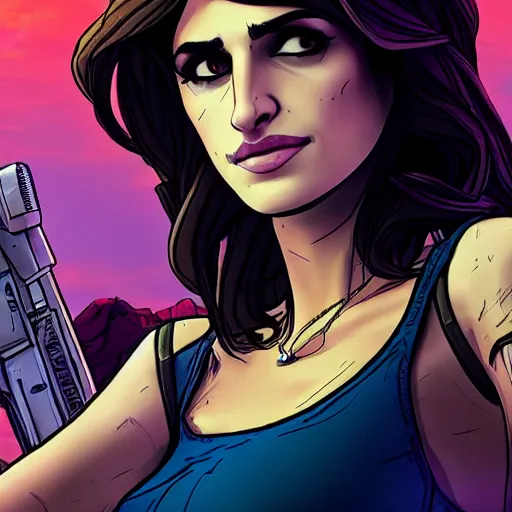 Image similar to penelope cruz portrait, borderlands, tales from the borderlands, the wolf among us, comic, cinematic lighting, studio quality, 8 k