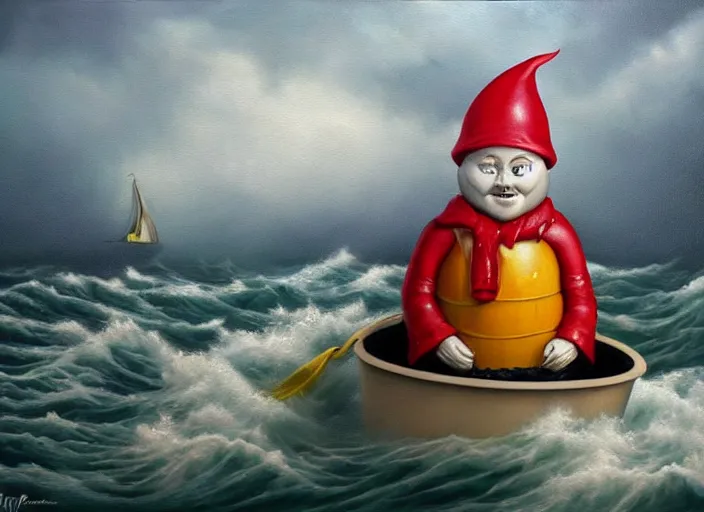 Image similar to a terrified garden gnome sailing in a bucket, background of raging ocean on a stormy day with dramatic clouds, an ultrafine detailed painting by mark ryden, trending on deviantart, pop surrealism, whimsical, lowbrow, rainy, perfect symmetrical face