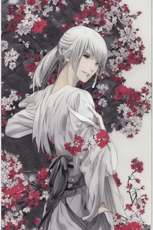 Prompt: beautiful girl, silver hair, white kimono with complex red flower patterns, full body, looking to camera, showing her shoulder from back, ilustration by Takehiko Inoue ((and Krenz Cushart))