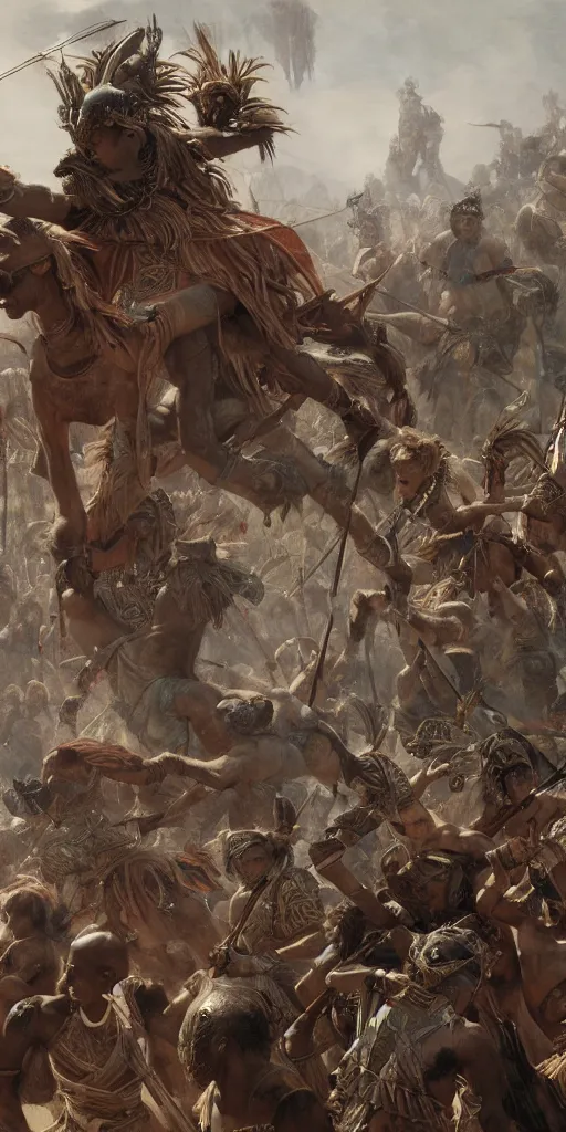 Image similar to ancient tribal war, masterpiece by Edgar Maxence and Ross Tran and Michael Whelan, 8k, octane render